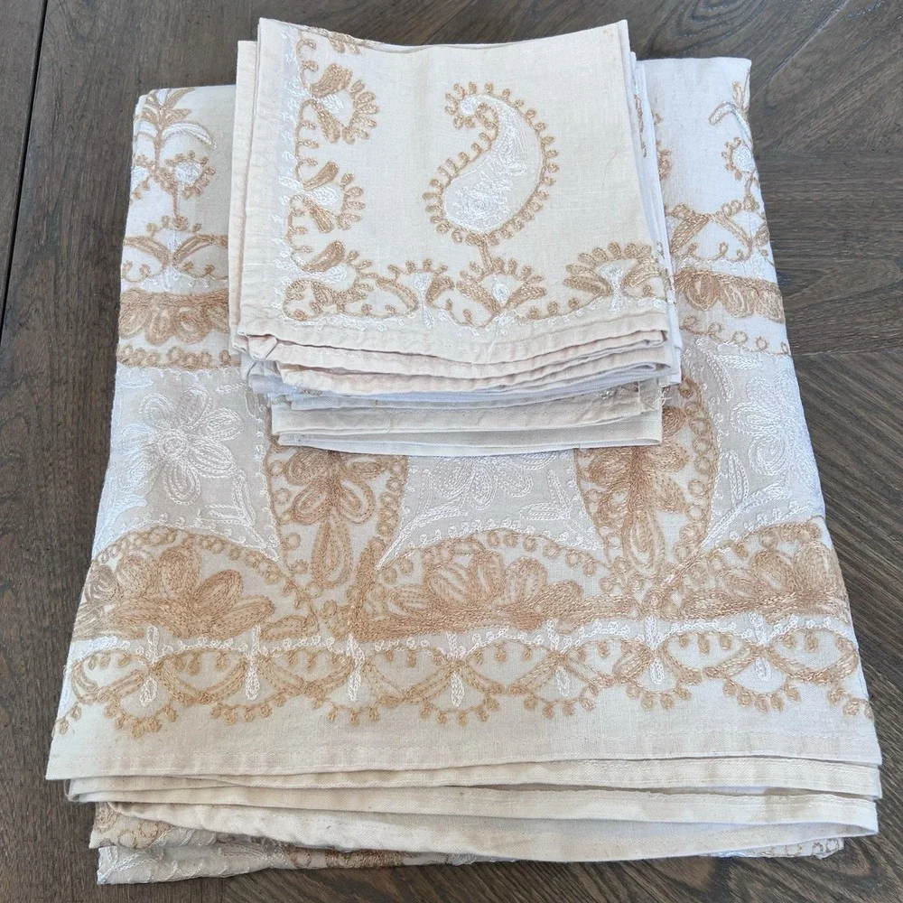 Vintage Aghabani Embroidered Orientalist Cotton Silk Tablecloth/11 Napkins 92x60